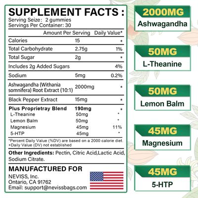 NEVISS Ashwagandha Gummies 2000mg, Feel Refreshed, Plus Proprietary Blend with 5-HTP, L-Theanine, Lemon Balm, Magnesium for Calm, Zzzs, Mood, Energy Relaxation Support (1 Pack (60 Countss))