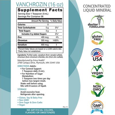 Eniva Health VANCHROZIN Liquid Ionic Minerals Supplement, Vanadium, Chromium Zinc, Diabetic Friendly, 16 Fl Oz, 96 Servings