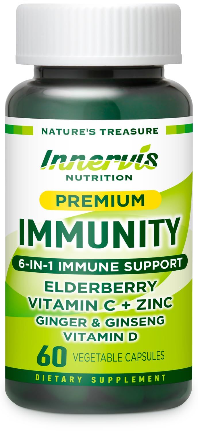 INNERVISNUTRITION Premium 6-in-1 Immune Support - Vitamin C, D3, Zinc, Elderberry, Ginger Korean Ginseng - Immune System Booster Antioxidant Support - 60 Veg Capsules