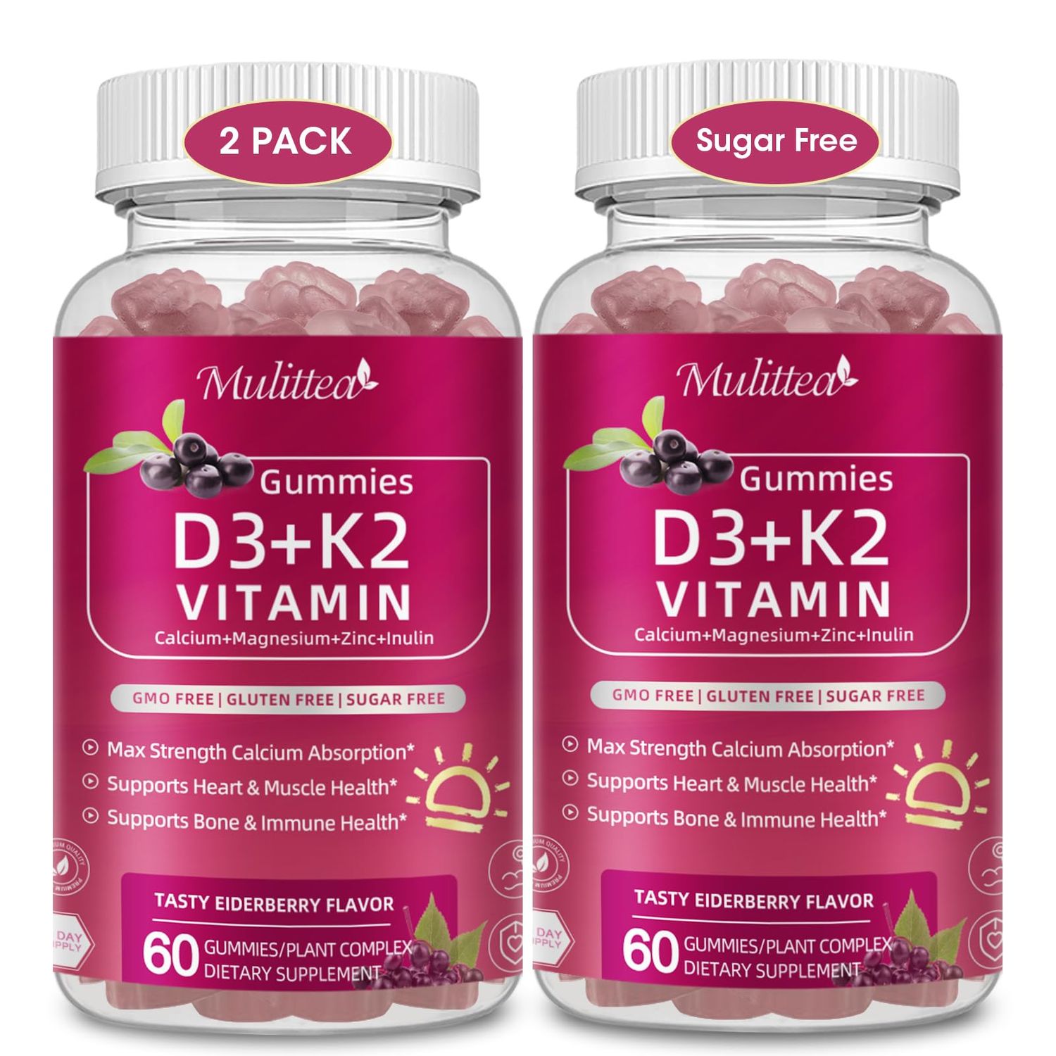 Vitamin D3 K2 Gummies-Vitamin D3 10000iu K2 (MK-7) 200mcg Sugar-Free D3 and K2 Supplement wCalcium Magnesium Zin,Inulin-Enhanced Absorption for Immune Bone Support,Elderberry Flavor-2 Packs