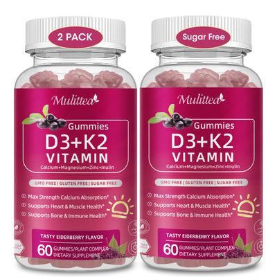 Vitamin D3 K2 Gummies-Vitamin D3 10000iu K2 (MK-7) 200mcg Sugar-Free D3 and K2 Supplement wCalcium Magnesium Zin,Inulin-Enhanced Absorption for Immune Bone Support,Elderberry Flavor-2 Packs