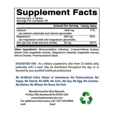 2 Packs - Best Naturals Calcium Magnesium Zinc - 180 Tablets - Essential Cal Mag Zinc Mineral Complex (Total 360 Tablets)