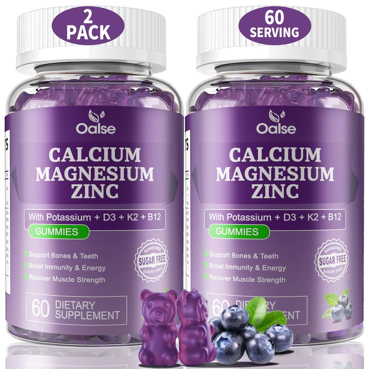 (2 Pack) OALSE Calcium Magnesium Zinc Gummies with Vitamin D3 K2-High Absorption Magnesium Glycinate-Muscles, Immune Sleep Support-Sugar Free- Blueberry Flavored-120 Counts
