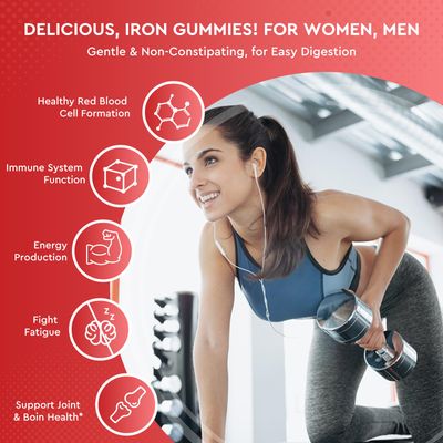Iron Gummies - with Calcium, Zinc, Folate Vitamin B12, C,B6 for Adults Kids - Blood Builder Energy Support for Iron Deficiency, Anemia, Vegan - 60 Gummies