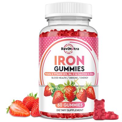 Iron Gummies - with Calcium, Zinc, Folate Vitamin B12, C,B6 for Adults Kids - Blood Builder Energy Support for Iron Deficiency, Anemia, Vegan - 60 Gummies