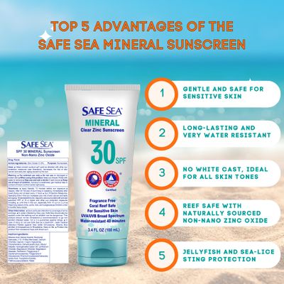 Safe Sea Zinc Oxide Sunscreen SPF30 Clear Mineral Face And Body Sunscreen Without White Cast Anti-Jellyfish Sting Protective Lotion 3.4Oz (100ml) (1 Pack)