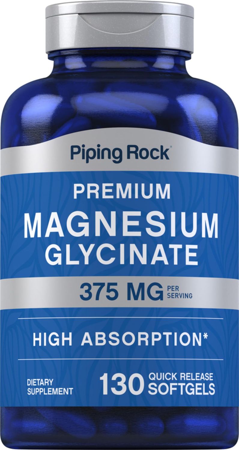 Piping Rock Magnesium Glycinate 375mg 130 Count Premium High Absorption Quick Release Softgels Non-GMO Gluten Free Formula