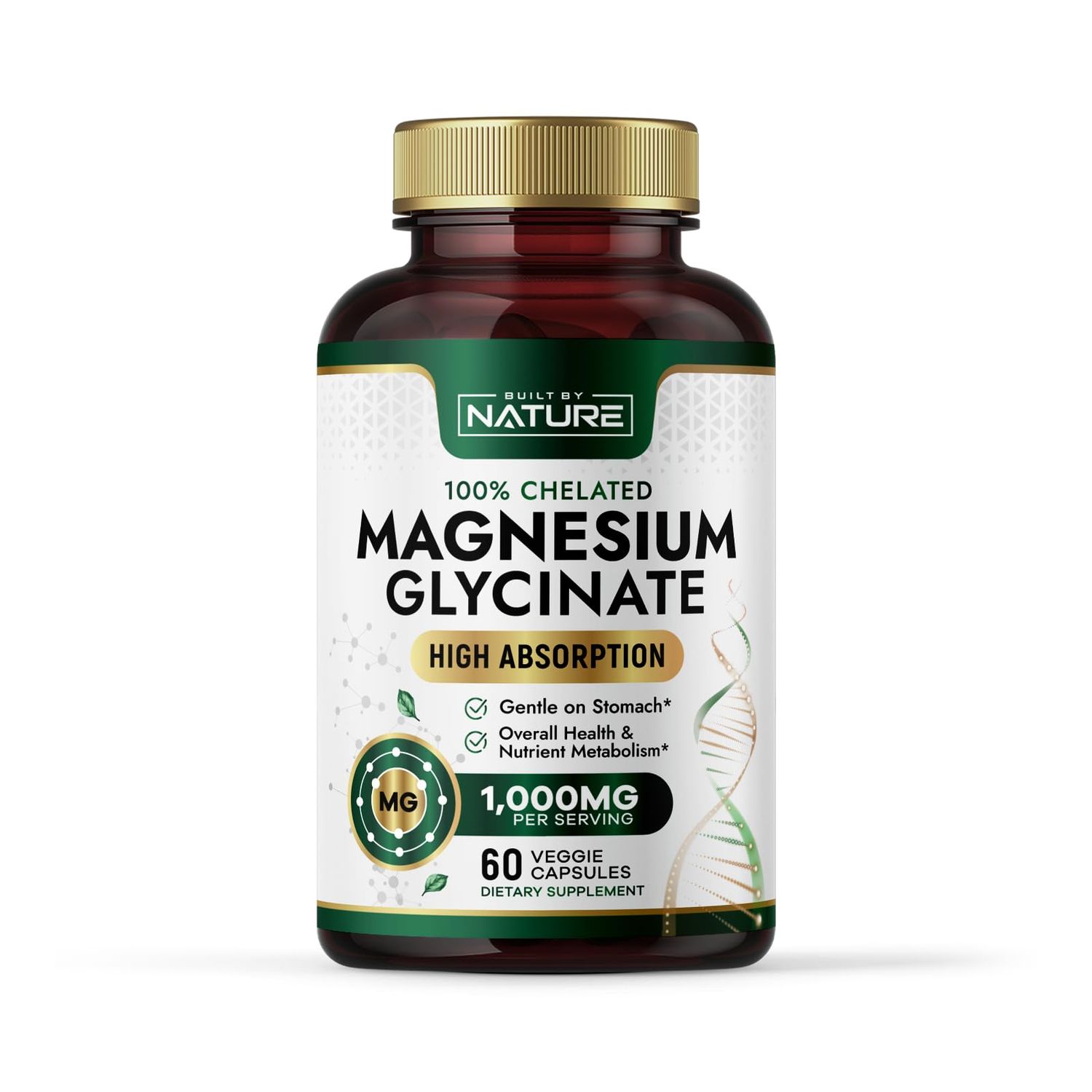 Built By Nature Magnesium Glycinate 1000mg - High Absorption Magnesium Supplement - 100 Chelated, Gentle on Stomach - Muscle, Heart, Bone Relaxation Support - Non-GMO, Vegan - 60 Capsules