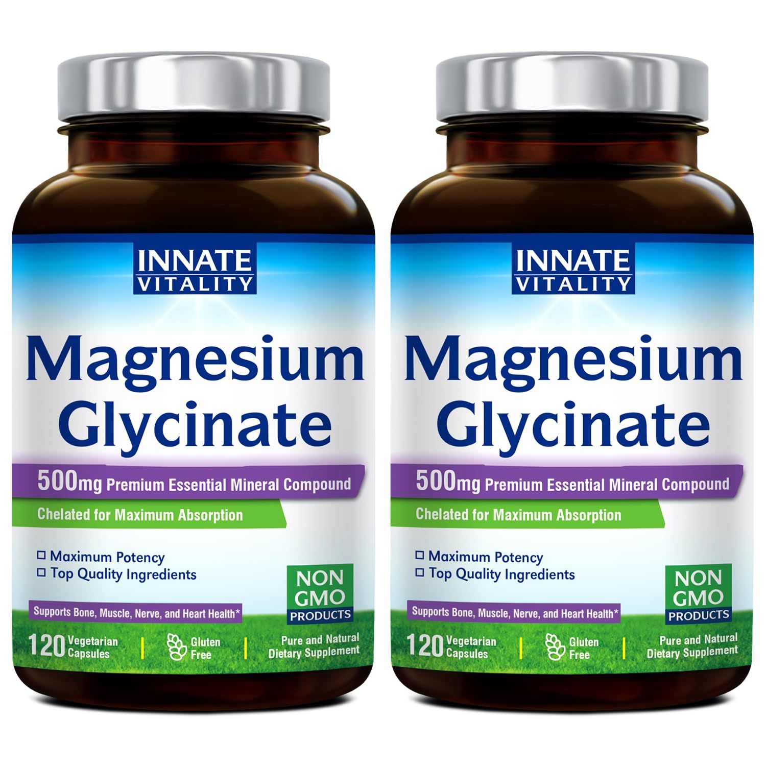 Innate Vitality Magnesium Glycinate 500mg 70mg Elemental Magnesium Supplement- High Absorption, Non-GMO No Gluten - Supports Nerve, Muscle, Bone Heart Health - 240 Vegan Capsules Magnesio