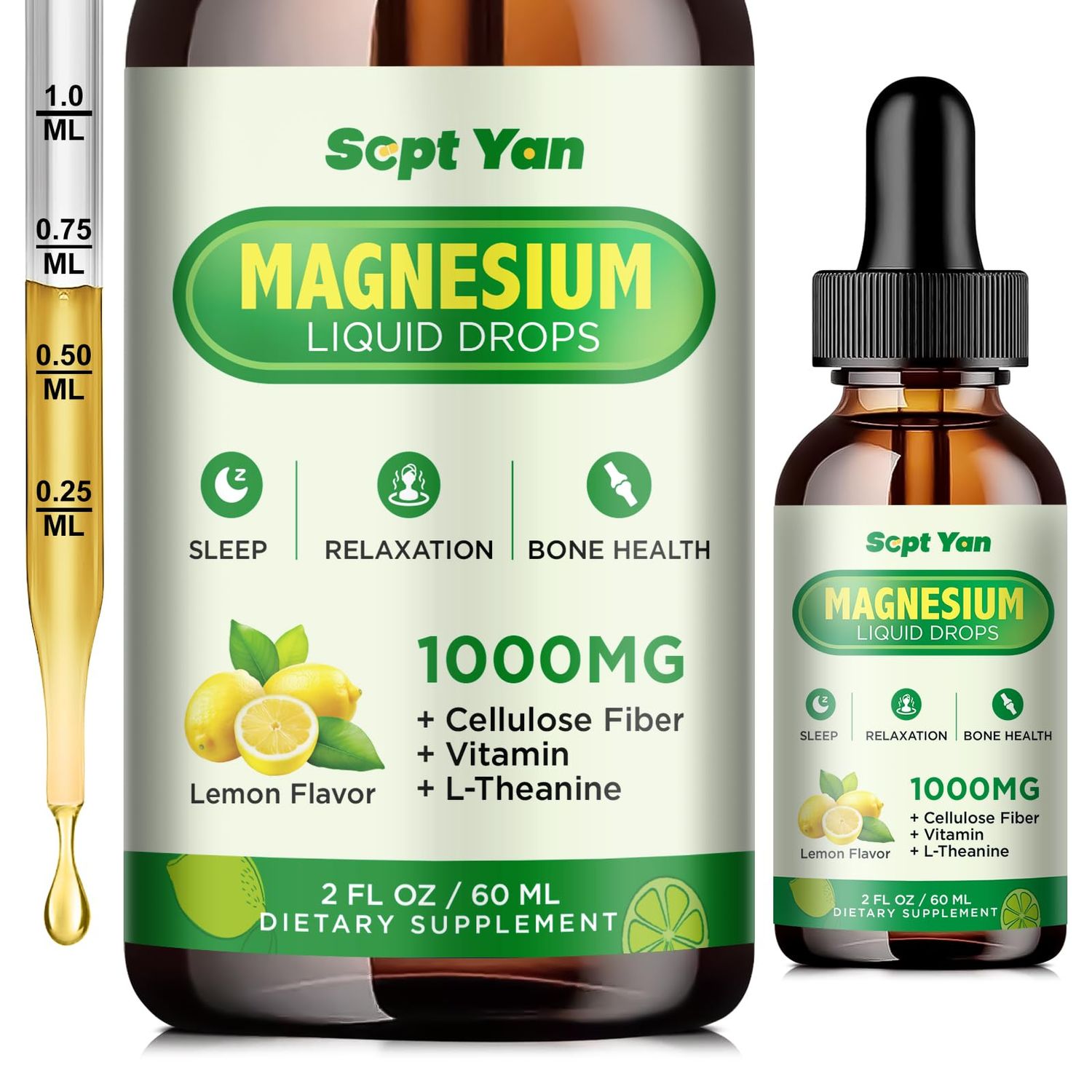 Magnesium Glycinate Liquid Drops, 1000mg Magnesium Glycinate, Citrate Threonate with Cellulose Fiber, L-Theanine, Vitamin B C for Sleep, Muscle, Energy Relaxation, Sugar-Free Lemon Flavor