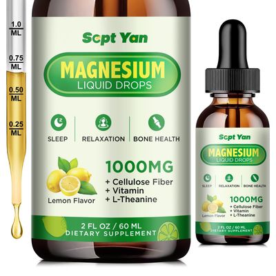 Magnesium Glycinate Liquid Drops, 1000mg Magnesium Glycinate, Citrate Threonate with Cellulose Fiber, L-Theanine, Vitamin B C for Sleep, Muscle, Energy Relaxation, Sugar-Free Lemon Flavor