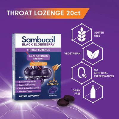 Sambucol Black Elderberry Throat Lozenge - Sambucus Elderberry Lozenges With Vitamin C, Zinc Honey, Helps Soothe a Scratchy Throat, High Antioxidants, Gluten-Free - 20 Count
