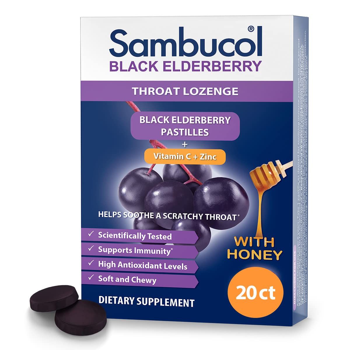 Sambucol Black Elderberry Throat Lozenge - Sambucus Elderberry Lozenges With Vitamin C, Zinc Honey, Helps Soothe a Scratchy Throat, High Antioxidants, Gluten-Free - 20 Count