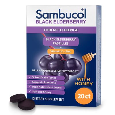 Sambucol Black Elderberry Throat Lozenge - Sambucus Elderberry Lozenges With Vitamin C, Zinc Honey, Helps Soothe a Scratchy Throat, High Antioxidants, Gluten-Free - 20 Count