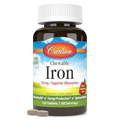 Carlson - Chewable Iron, 30 mg, Superior Absorption, Blood Health, Energy Production Optimal Wellness, Chewable Iron Supplement for Women Men, Natural Strawberry Flavor, 120 Tablets