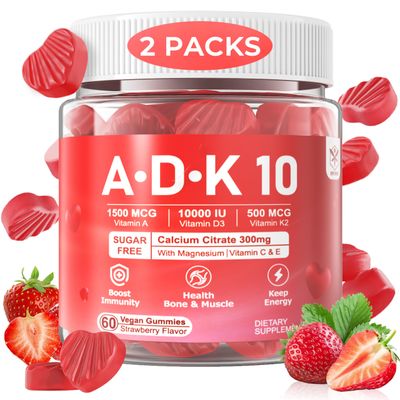 Vitamin A D3 K2 Gummies 5000IU 10,000 IU D3 with Calcium Magnesium Zinc, ADK 10 Vitamin Supplement K2 MK-7 500mcg for Stronger Bone Muscle, Boost Immune System, Vision Health, Sugar Free 2Packs