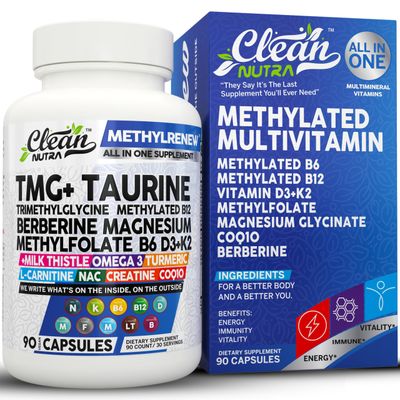 Clean Nutra Methylated Multivitamin for Women Men TMG Taurine Supplement B6 Vitamins, B12, D3 K2, Magnesium Methylfolate Milk Thistle Omega 3 Turmeric NAC L Carnitine Creatine COQ10 B Complex Caps