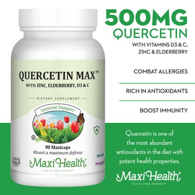 Maxi Health Quercetin 500mg with Zinc 30mg, Vitamin C 1000mg, Vitamin D 2500 IU, Elderberry 125mg - Vegetarian Health Supplement for Adults Kosher Certified - 90 Veggie Capsules