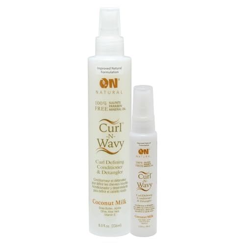 On Natural Curl-N-Wavy Curl Defining Leave-In Conditioner Detangler, 8 oz 2 oz Travel Size Set - Hydrated, Shiny Curls, Sulfate, Paraben Free (COCONUT MILK)