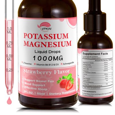 Potassium Magnesium Citrate Supplement,Magnesium Liquid Drops with Magnesium Glycinate 1000mg with Ashwagandha,Zinc,Support Clam Support Immune System(Strawberry,2 FL.OZ.)