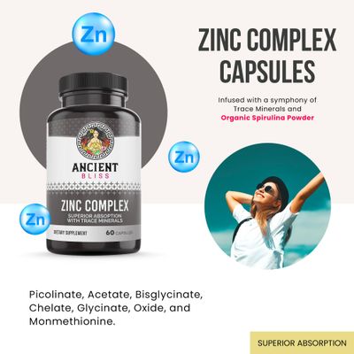 Zinc Complex Capsules with Enhanced Absorption, Antioxidant Immune Support Supplement, Zinc Supplement for Men Women by Ancient Bliss (60 Capsules)