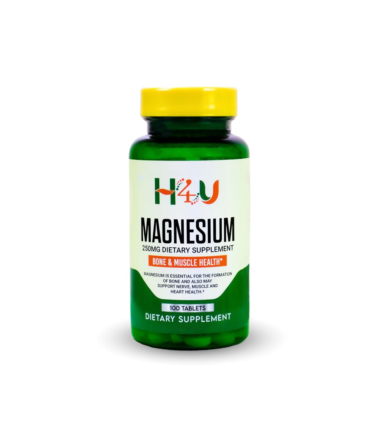 H4U - Magnesium Bone Muscle Health Dietary Supplement Tablets, Dietary Supplement Vegetarian Formula, No Gluten, Sugar, Lactose, Artificial Colors or Flavors, 250 mg, 100 Count