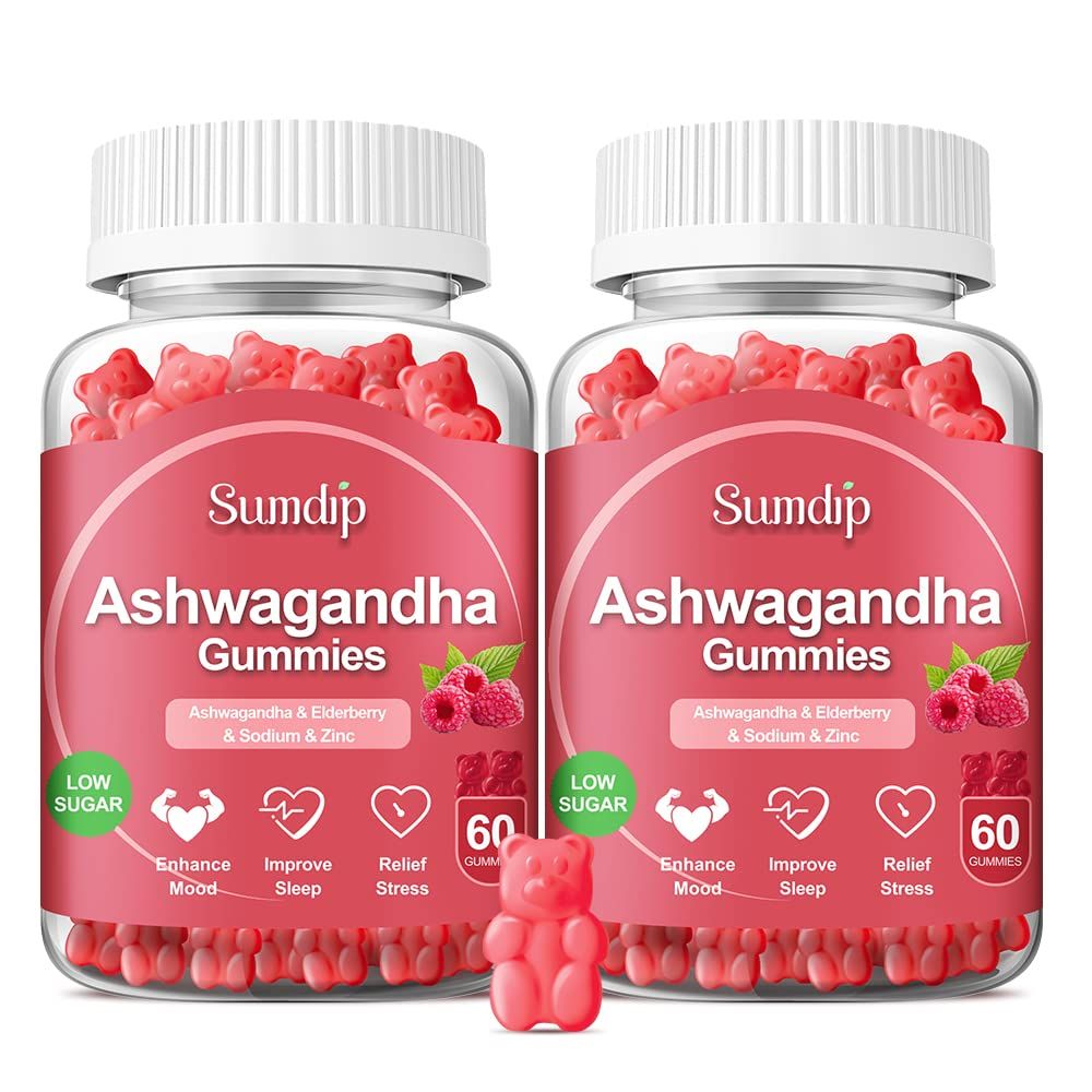 Ashwagandha Gummies for Women and Men, Ashwagandha Root Extract, Elderberry, Zinc, Vitamin C D Low Sugar- 2 Pcs