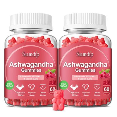 Ashwagandha Gummies for Women and Men, Ashwagandha Root Extract, Elderberry, Zinc, Vitamin C D Low Sugar- 2 Pcs