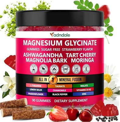Adndale 90ct 15-in-1 Magnesium Glycinate Gummies 400 mgserv- with Magnesium Malate, Ashwagandha, Tart Cherry, Magnolia Bark, Lemon Balm, Passionflower, Chamomile, L-Theanine, Zinc, Vitamin K2 D3