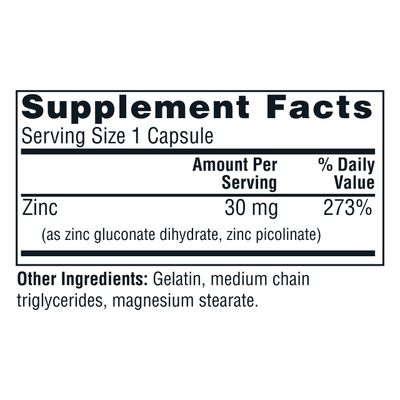 Twinlab Zinc Caps - Immune Support Supplement - Zinc Picolinate Zinc Gluconate - Pure Zinc Supplement for Immune Defense, Healthy Skin, DNA Synthesis, Metabolism and Growth - 30mg, 100 Caps - 2 Pack