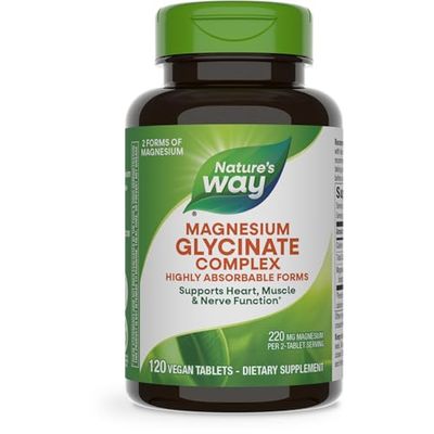 Nature&#39;s Way Magnesium Glycinate Complex, Supports Heart, Muscle, Nerve Function, Highly Absorbable, 220 mg per 2-Tablet Serving, No Gluten, Vegan, 120 Tablets