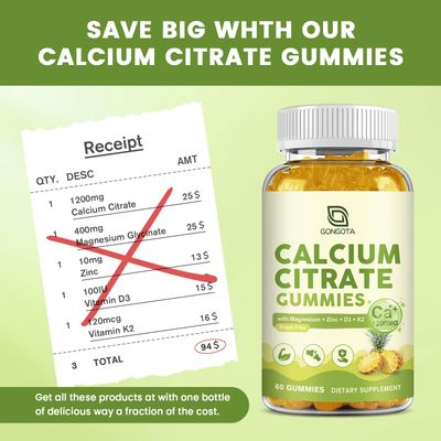 Calcium Citrate Gummies for Women, 1200mg Calcium Citrate Magnesium with Vitamin C D3 K2, Absorption Calcium Supplements for Bone, Muscle, Joints, Immune, Sugar Free (120Count)