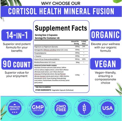 Adndale Cortisol Health Supplement. Ultra Force Cortisol Management 14-in-1 Formula with Ashwagandha, Magnesium Glycinate, L-Theanine More. Support Stress Management Stamina. 90 Capsules.
