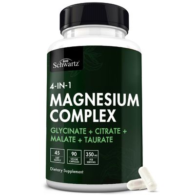 Magnesium Complex Supplement - Extra Strength 350mg High Absorption Magnesium Glycinate Citrate Malate and Taurate to Support Heart Health Sleep Nerves Muscles - Non GMO, Vegan Safe, 90 Capsules