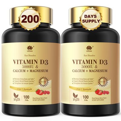 LILICARE Fast Dissolve Vitamin D3 5000IU with Calcium Magnesium - for Quick Nutrient Absorption-Sugar Free Chewable Supplement for Bones Strength, Teeth, Muscle, Immune Health,200 Fast Melt Tablets