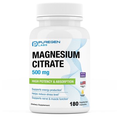 Magnesium Citrate 500 mg High Potency Elemental Magnesium Total 180 Veggie Caps, Superior Absorption, Non-GMO, NO Gluten and Dairy, Supports Muscle, Joint, and Heart Health