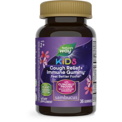 Nature&#39;s Way Sambucus Kids Cough Relief Immune Gummy, Feel Better Faster , Clinically Proven South African Geranium, with Elderberry, Vitamin C Zinc, Gluten Free, Vegetarian, 36 Gummies