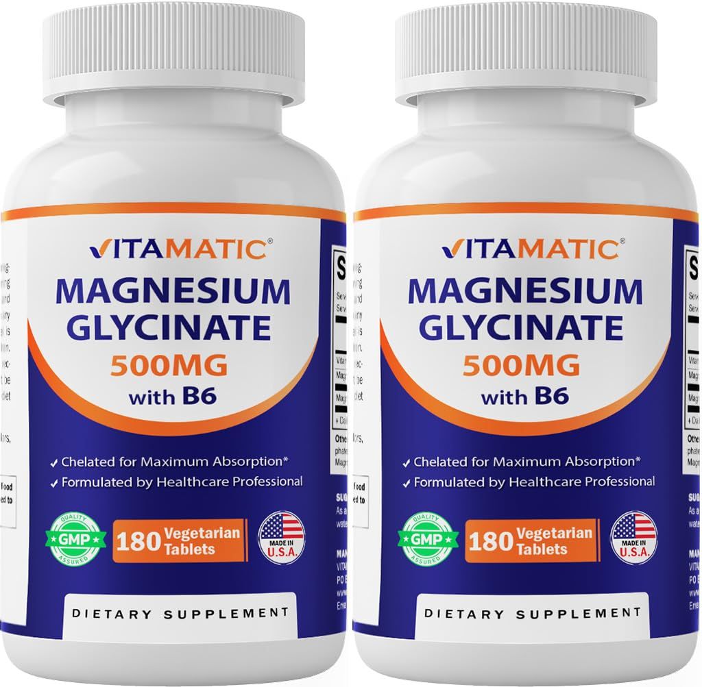 Vitamatic Magnesium Glycinate 500mg per Tablet - 180 Vegetarian Tablets (Uncoated) - Added B6 for Maximum Absorption - Supports Muscle, Joint, and Heart Health 2 Packs