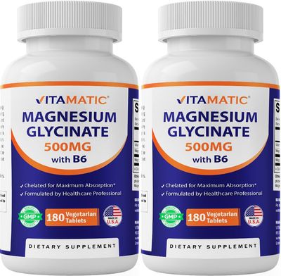 Vitamatic Magnesium Glycinate 500mg per Tablet - 180 Vegetarian Tablets (Uncoated) - Added B6 for Maximum Absorption - Supports Muscle, Joint, and Heart Health 2 Packs