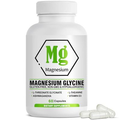 High Absorption Magnesium Glycinate Capsules with Magnesium L-Threonate Ashwagandha for Sleep, Calming, Muscle Relaxation, Magnesium Supplement for Men and Women,Non-GMO Gluten Free, 60 Capsules