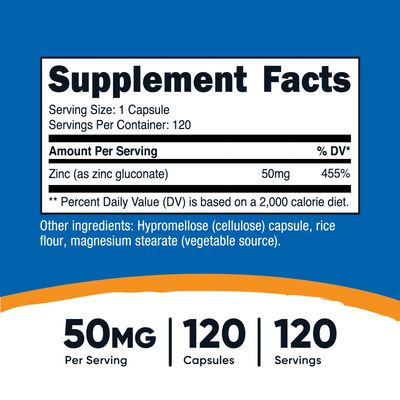 Nutricost Zinc Gluconate 120 Vegetarian Capsules (50mg) - Gluten Free and Non-GMO