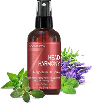Seven Minerals, Head Harmony Spray - Powerful Magnesium Oil Blend with Essential Oils (Lavender, Sweet Marjoram, Peppermint, Rosemary, and Basil) fo Relief - Made in USA - Free Trigger Tracker