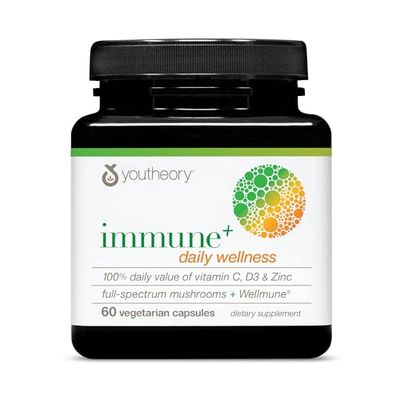 Youtheory Immune Daily Wellness - Vegetarian Immune Support Supplement with Vitamin C, Vitamin D3 Zinc - Mushroom Supplement with Turkey Tail, Cordyceps Reishi - 60 Vegetarian Caps