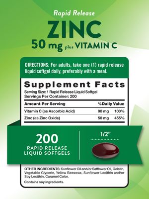 Nature's Truth Zinc 50mg Supplement with Vitamin C 200 Liquid Softgels Non-GMO Gluten Free