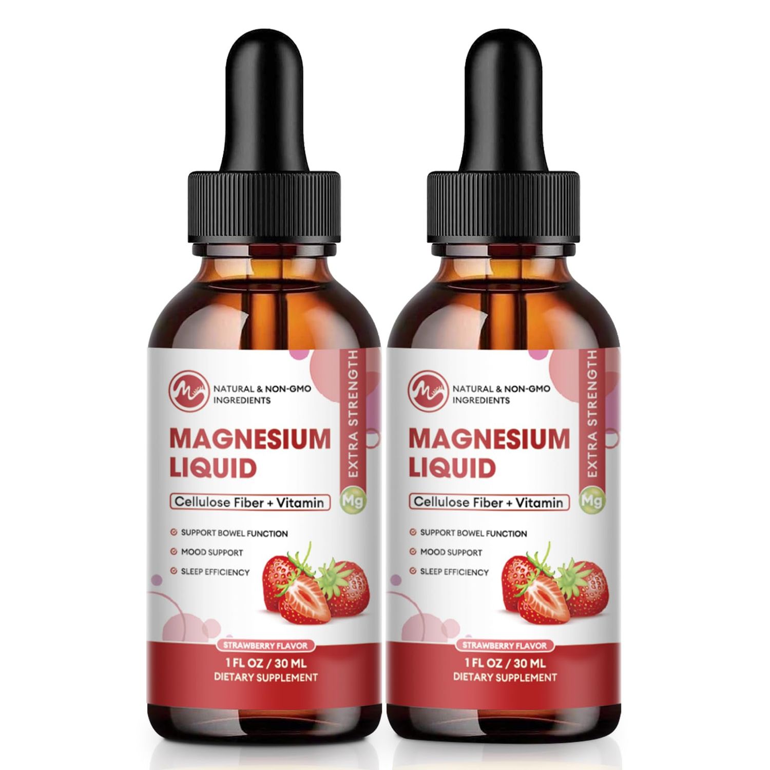 M inch Magnesium Glycinate Liquid Drops, Magnesium Liquid Supplement with Cellulose Fiber, Bromelain, Vitamin C, D, B6, Zinc for Night, Muscle Energy Support, Strawberry Flavor, 1 Fl Oz (Pack of 2)