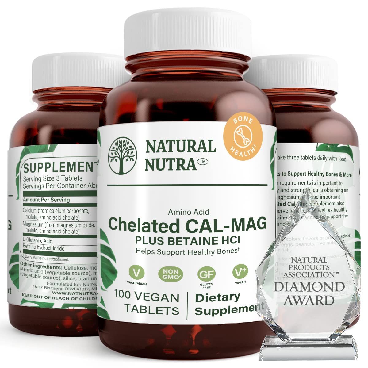 Natural Nutra Chelated Cal Mag 1000500 mg Supplement Plus Betaine HCL, Improves Bone Strength and Density, Muscle Health, Teeth, Supports Cardiovascular System, Nerve Health, 100 Vegan Tablet