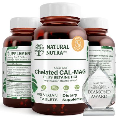 Natural Nutra Chelated Cal Mag 1000500 mg Supplement Plus Betaine HCL, Improves Bone Strength and Density, Muscle Health, Teeth, Supports Cardiovascular System, Nerve Health, 100 Vegan Tablet