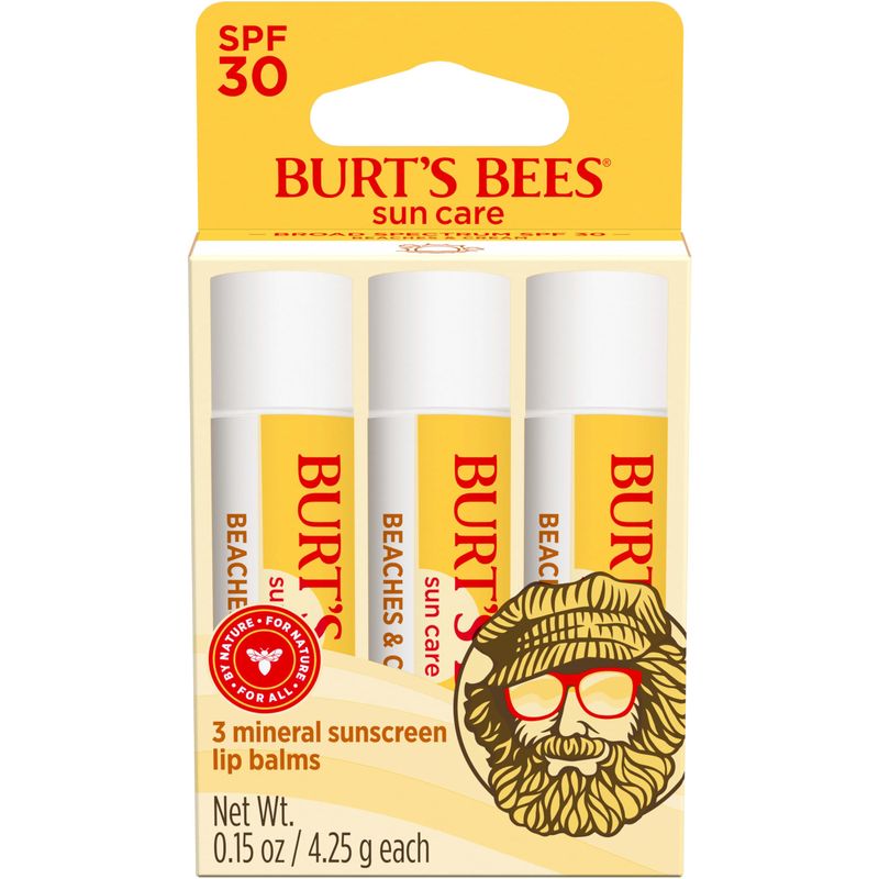 Burt s Bees SPF 30 Lip Balm, Beaches and Cream, Water-Resistant Sun Care, Nano-Free Zinc Oxide Formula, Natural Origin Conditioning Lip Treatment, 3 Tubes, 0.15 oz.