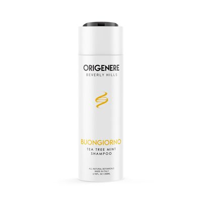 ORIGENERE Buongiorno Tea Tree Mint Shampoo. Physician formulated all-natural botanicals. Made in Italy with Tea Tree Oil, Rosemary, Aloe Vera, Peppermint Oil, and Citrus.