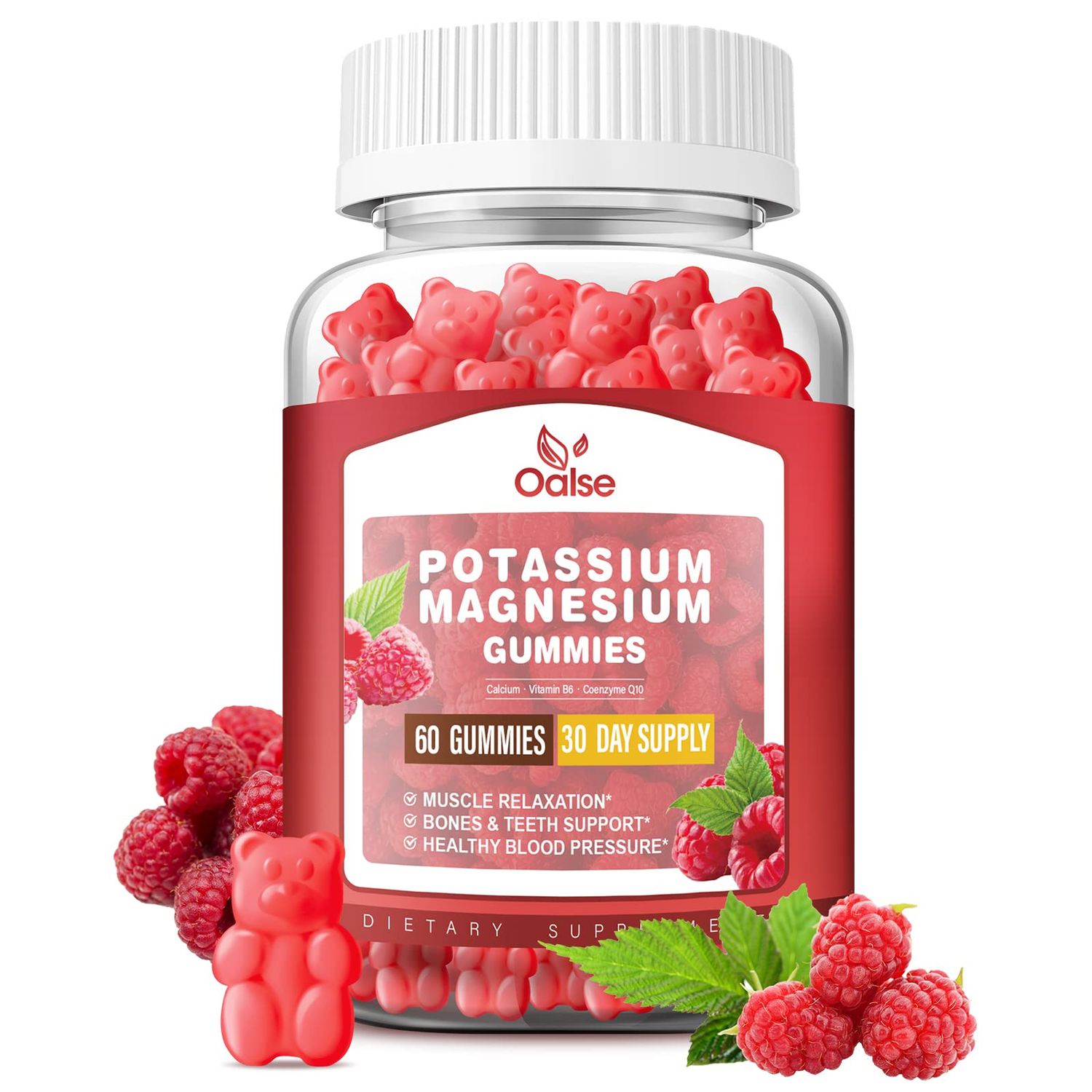 OALSE Potassium Magnesium Gummies for Adults Kids, High Absorption Potassium Gluconate 99mg Magnesium Citrate 400mg, Chewable Gummy Supplements, Raspberry